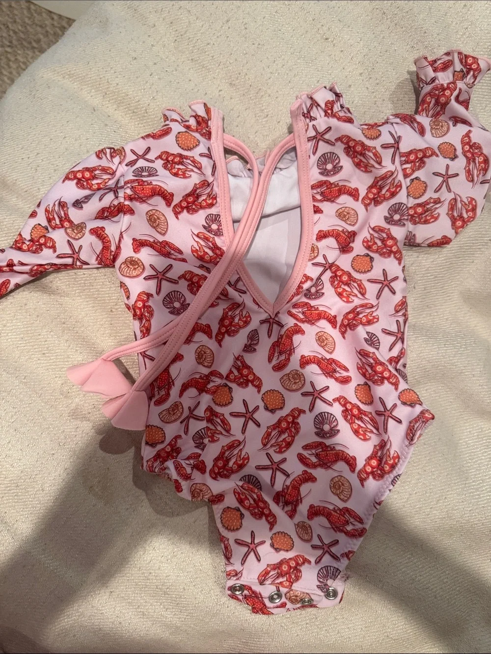 Girls Pink Seashell Print Long-Sleeve Swim One-Piece